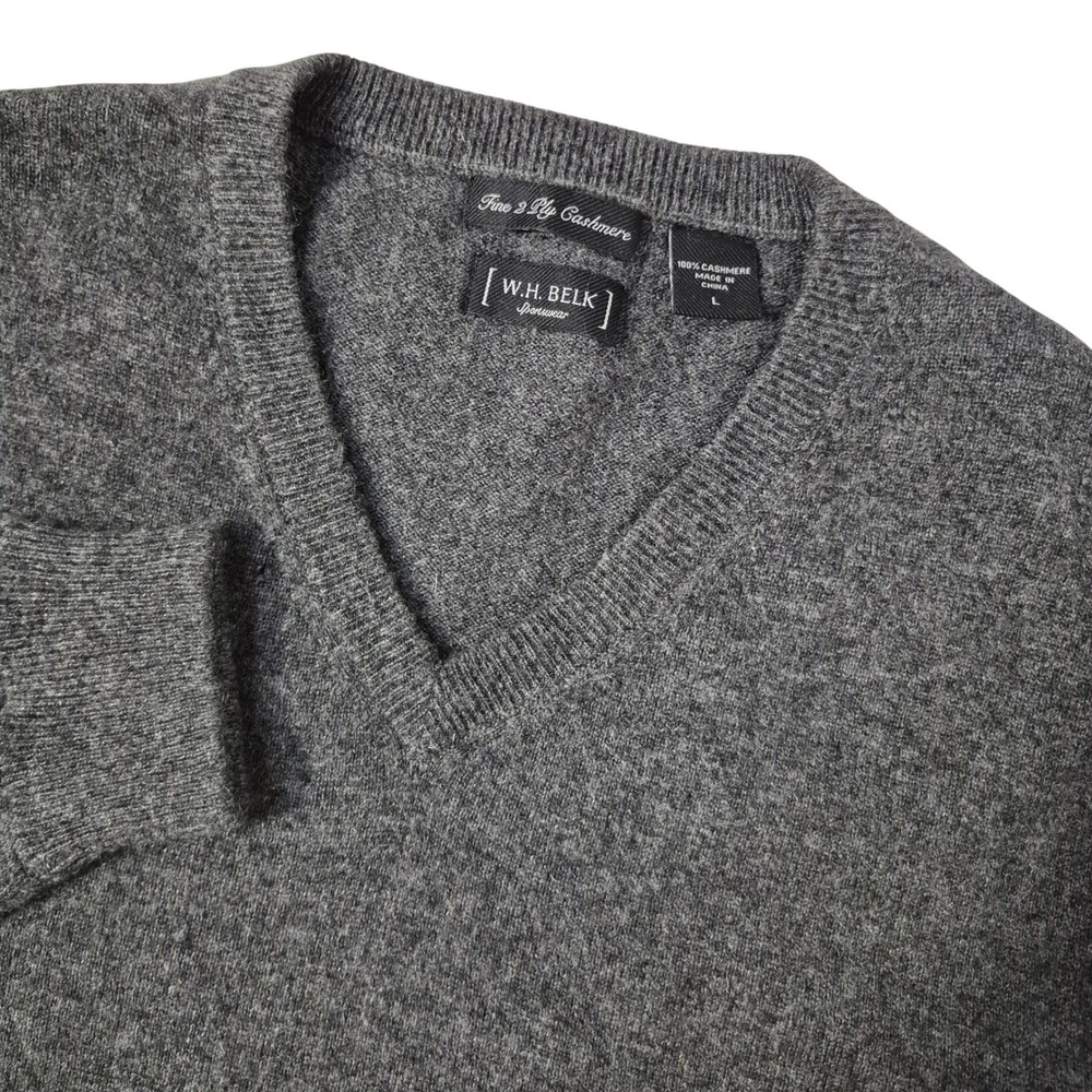 W.H. Belk Sweater Mens Large Gray 100% 2 Ply Cashmere V-Neck Knit Pullover